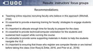 Recommendations:
● Teaching online requires recruiting faculty who believe in this approach (Mitchell,
2104)
● It’s essential to provide e-learning training for faculty: strategies to engage students
online
● It’s important to allocate enough time for faculty to prepare for the class
● It’s essential to provide technical/computer orientation for the students and
sustained tech support while running the course
● It’s advisable to provide some supporting materials in Arabic to help the students
navigate the VLE
● It’s important to ensuring that those who register are computer literate or are trained
before taking this class (Van Rooij & Zirkle, 2016, and Prior et al., 2016)
Results: instructors’ focus groups
 