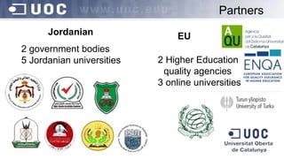 Jordanian
Partners
2 government bodies
5 Jordanian universities
EU
2 Higher Education
quality agencies
3 online universities
 