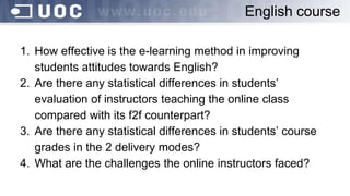 1. How effective is the e-learning method in improving
students attitudes towards English?
2. Are there any statistical differences in students’
evaluation of instructors teaching the online class
compared with its f2f counterpart?
3. Are there any statistical differences in students’ course
grades in the 2 delivery modes?
4. What are the challenges the online instructors faced?
English course
 