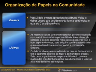 Organização de Papeis na ComunidadePossui dois owners (proprietários) Bruno Velaz e Heber Lopes que decidem toda forma estrátégica e legal do CanalSharePoint.OwnersLíderesAs mesmas coisas que um moderador, porém é esperado com mais intensidade/responsabilidade. Além disso, ele participa e decide assuntos mais estratégicos. Por isso é bom esperar 6 meses, para adquirir confiança (tanto líder quanto moderador) e entender como a comunidade funciona.Os líderes são aqueles moderadores que se destacaram e tem o aparente objetivo de fazer a comunidade crescer. Esta pessoa ganha mais responsabilidade do que um moderador, mas também ganha mais benefícios e tem voz ativa nas decisões estratégicas.