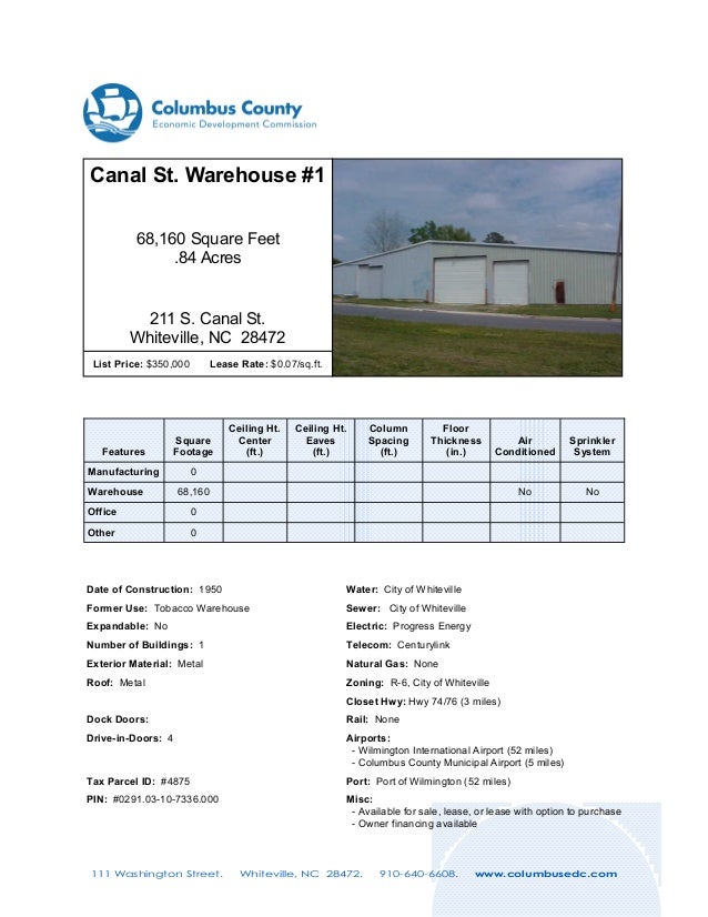 Industrial Warehouse for Business For Sale/Lease in Whiteville NC