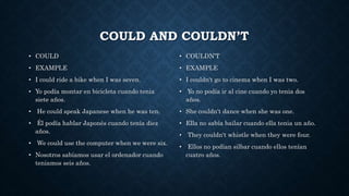COULD AND COULDN’T
• COULD
• EXAMPLE
• I could ride a bike when I was seven.
• Yo podía montar en bicicleta cuando tenia
siete años.
• He could speak Japanese when he was ten.
• Él podía hablar Japonés cuando tenía diez
años.
• We could use the computer when we were six.
• Nosotros sabíamos usar el ordenador cuando
teniamos seis años.
• COULDN’T
• EXAMPLE
• I couldn't go to cinema when I was two.
• Yo no podía ir al cine cuando yo tenia dos
años.
• She couldn't dance when she was one.
• Ella no sabía bailar cuando ella tenia un año.
• They couldn't whistle when they were four.
• Ellos no podían silbar cuando ellos tenían
cuatro años.
 