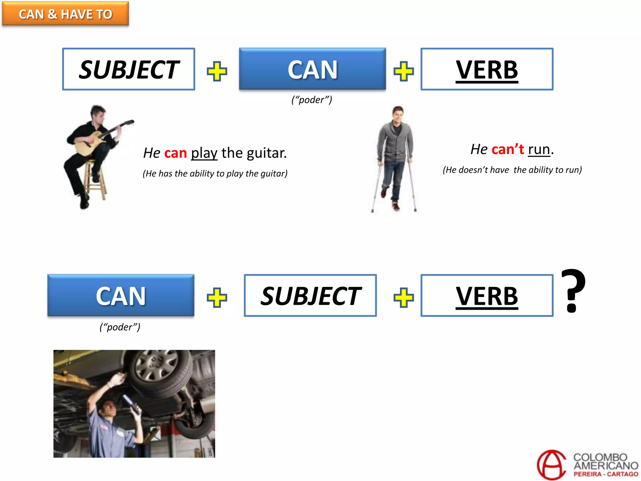 CAN & HAVE TO
CAN VERBSUBJECT
He can play the guitar.
(He has the ability to play the guitar)
He can’t run.
(He doesn’t have the ability to run)
CAN VERBSUBJECT ?
(“poder”)
(“poder”)
 