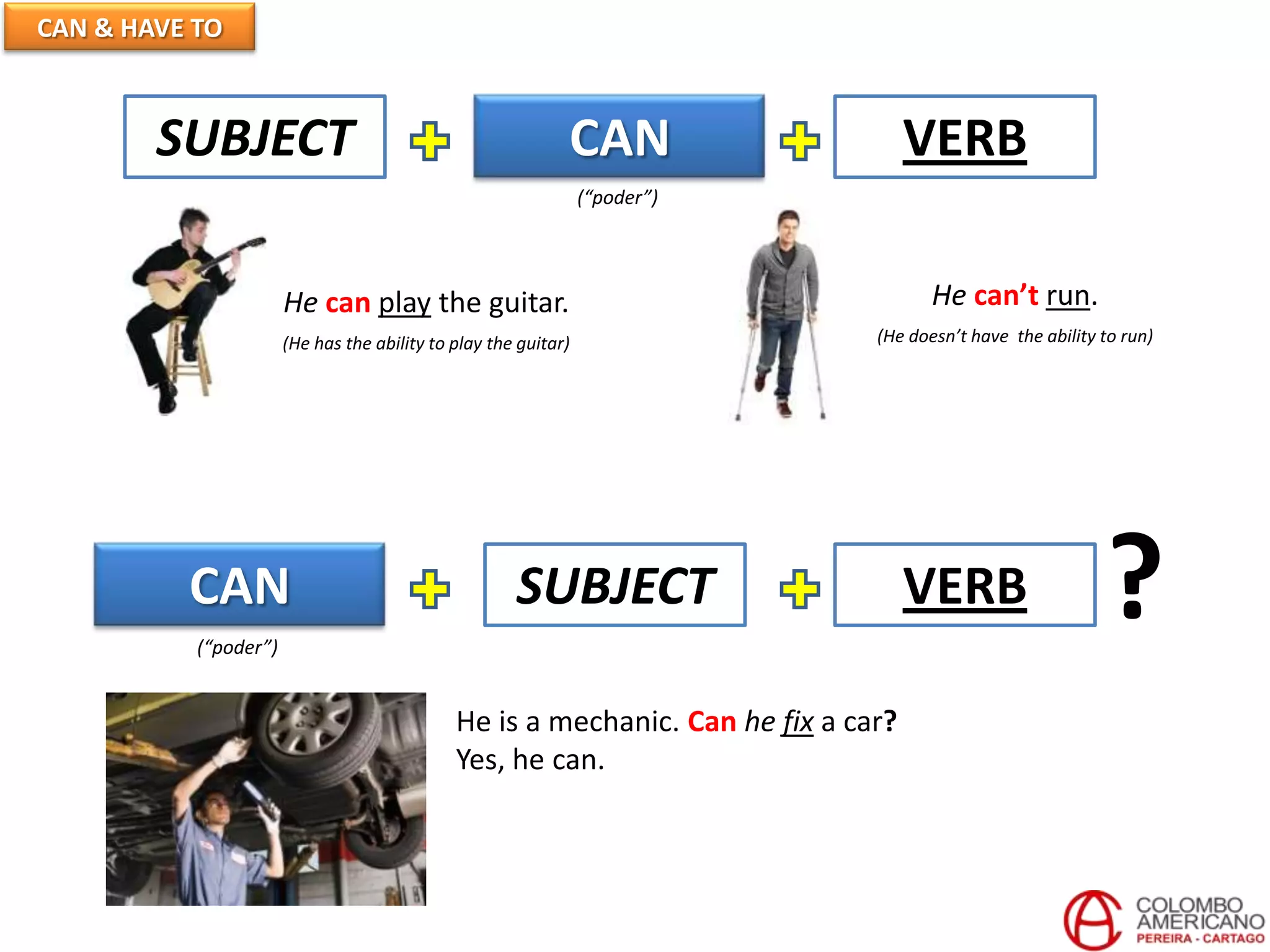 CAN & HAVE TO
CAN VERBSUBJECT
He can play the guitar.
(He has the ability to play the guitar)
He can’t run.
(He doesn’t have the ability to run)
CAN VERBSUBJECT ?
He is a mechanic. Can he fix a car?
Yes, he can.
(“poder”)
(“poder”)
 