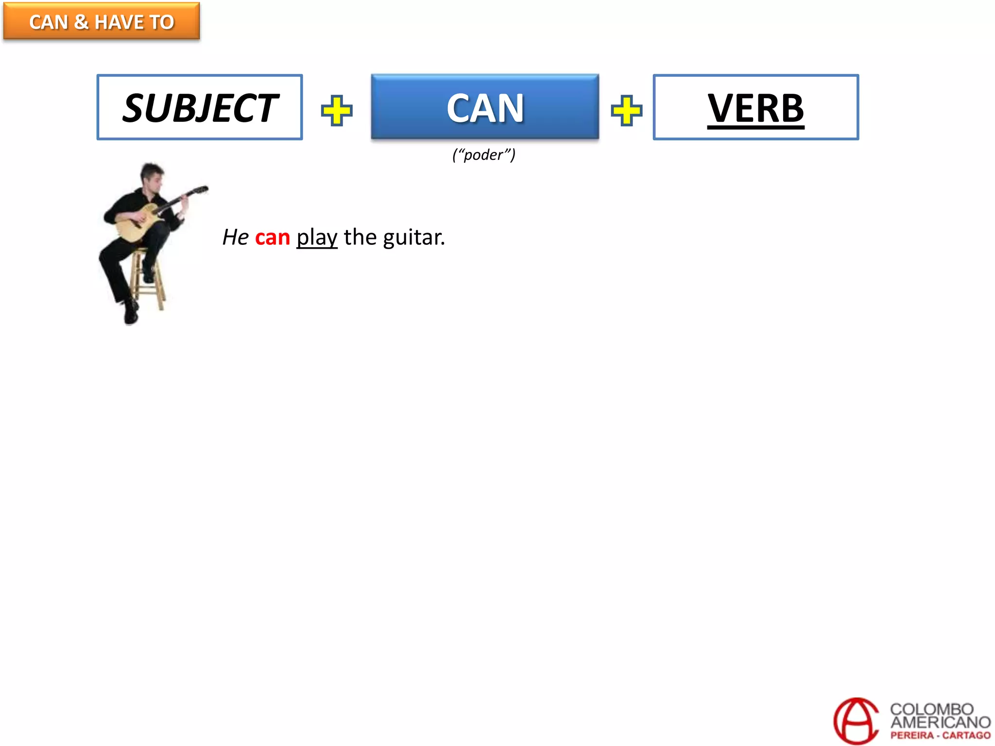 CAN & HAVE TO
CAN VERBSUBJECT
He can play the guitar.
(“poder”)
 