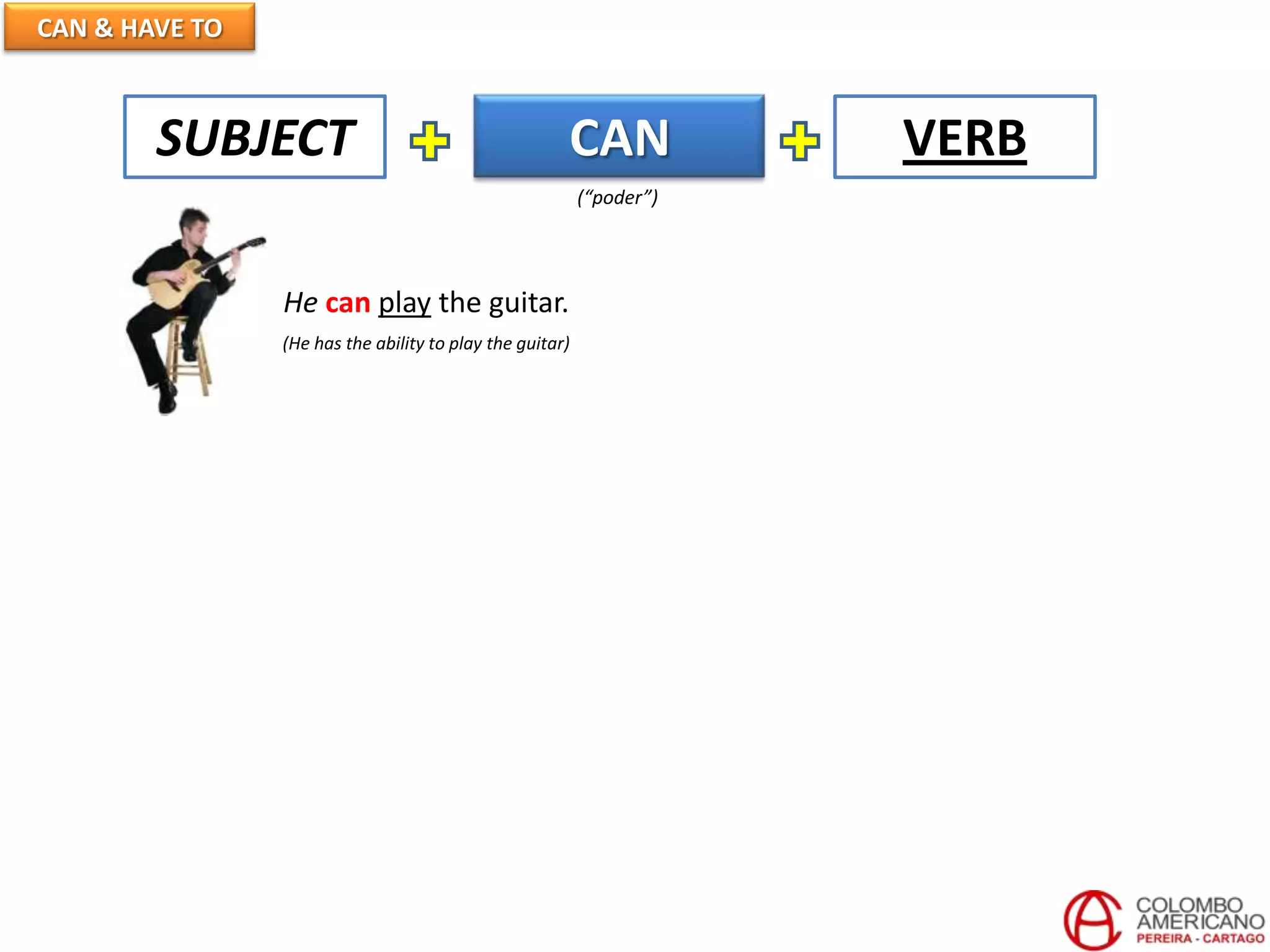 CAN & HAVE TO
CAN VERBSUBJECT
He can play the guitar.
(He has the ability to play the guitar)
(“poder”)
 