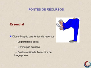 FONTES DE RECURSOS



Essencial


 Diversificação das fontes de recursos

  — Legitimidade social

  — Diminuição do risco

  — Sustentabilidade financeira de
  longo prazo
 