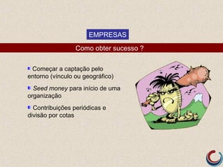EMPRESAS
                 Como obter sucesso ?

 Começar a captação pelo
entorno (vínculo ou geográfico)
  Seed money para início de uma
organização
  Contribuições periódicas e
divisão por cotas
 