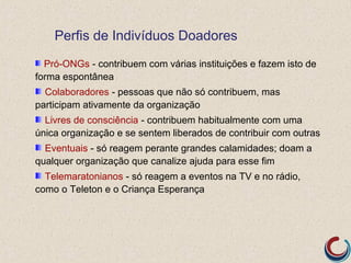 Perfis de Indivíduos Doadores
  Pró-ONGs - contribuem com várias instituições e fazem isto de
forma espontânea
  Colaboradores - pessoas que não só contribuem, mas
participam ativamente da organização
  Livres de consciência - contribuem habitualmente com uma
única organização e se sentem liberados de contribuir com outras
  Eventuais - só reagem perante grandes calamidades; doam a
qualquer organização que canalize ajuda para esse fim
  Telemaratonianos - só reagem a eventos na TV e no rádio,
como o Teleton e o Criança Esperança
 