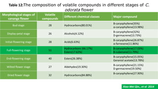 Morphological stages of
cananga flower
Volatile
compounds
Different chemical classes Major compound
Bud stage 28 Hydrocarbons(80.01%)
Β-caryophyllene(35%)
α-caryophyllene(13.98%)
Display-petal stage 26 Alcohols(4.12%)
Β-caryophyllene(32%)
D-germacrene(13.73%)
Initial-flowering stage 28 Acids(6.63%)
Β-caryophyllene(26.87%)
α-farnesene(11.86%)
Full-flowering stage 51
Hydrocarbons (66.17%)
Esters(17.62%)
Β-caryophyllene(17.03%)
B-cubenane(11.79%)
End-flowering stage 40 Esters(26.38%)
Β-caryophyllene(15.05%)
Geraniol acetate(13.78%)
Wilted flower stage 27 Aldehydes(19.30%)
Β-caryophyllene(21.15%)
D-germacrene(19.50%)
Dried flower stage 32 Hydrocarbons(84.88%)
Β-caryophyllene(27.90%)
Table 12:The composition of volatile compounds in different stages of C.
odorata flower
Xiao-Wei Qin., et al 2014
 