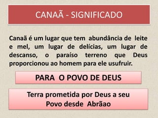 CANAÃ - SIGNIFICADO
Canaã é um lugar que tem abundância de leite
e mel, um lugar de delícias, um lugar de
descanso, o paraíso terreno que Deus
proporcionou ao homem para ele usufruir.
Terra prometida por Deus a seu
Povo desde Abrãao
PARA O POVO DE DEUS
 