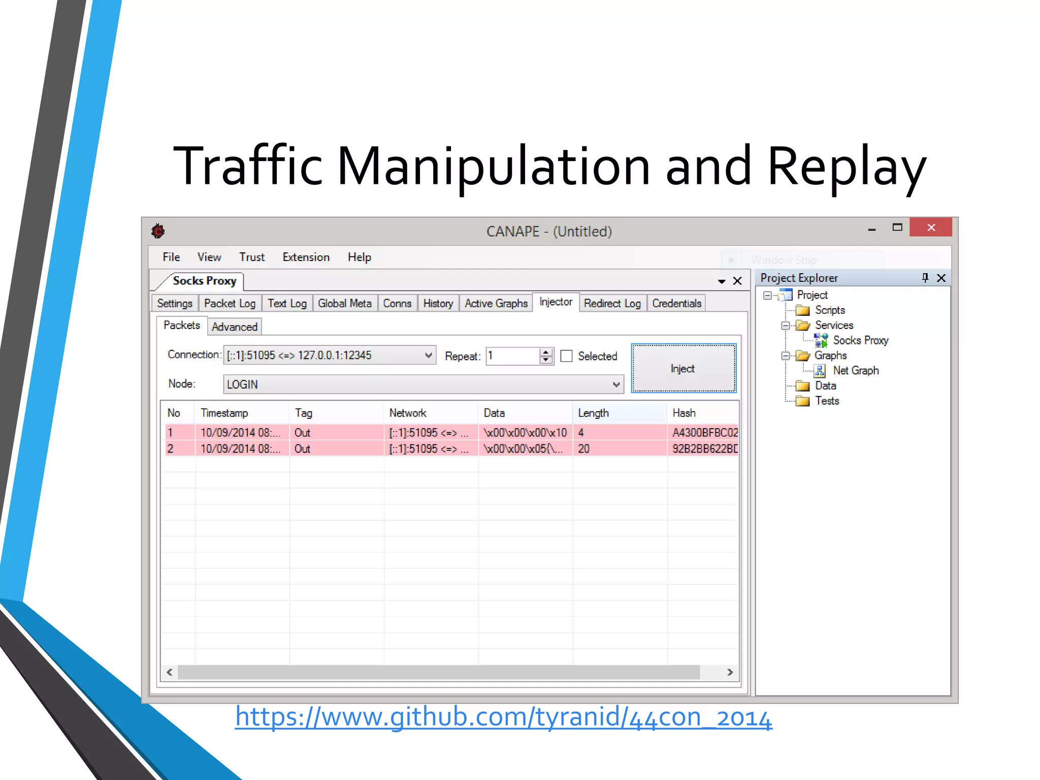 Traffic Manipulation and Replay 
https://www.github.com/tyranid/44con_2014 
 
