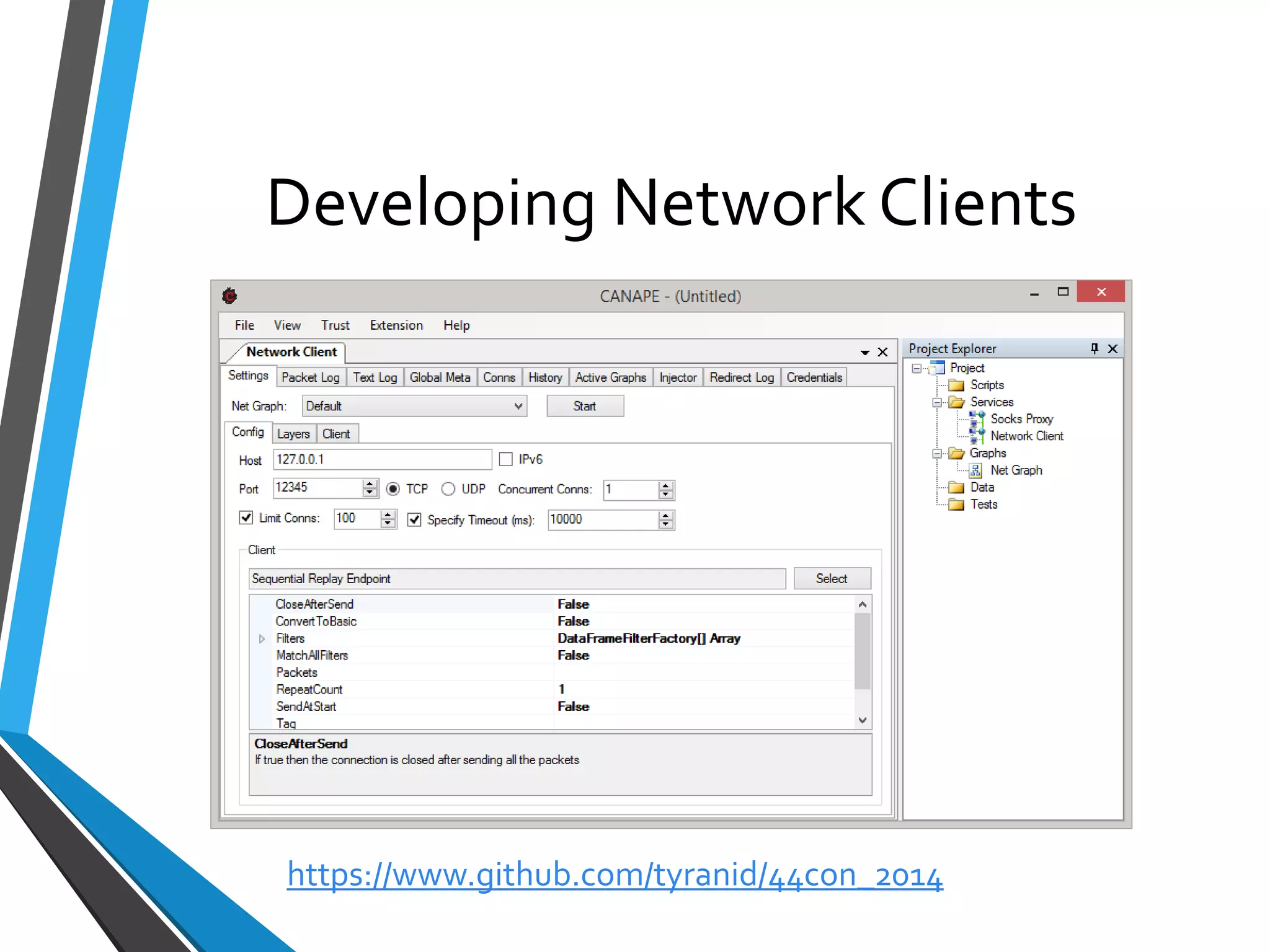 Developing Network Clients 
https://www.github.com/tyranid/44con_2014 
 