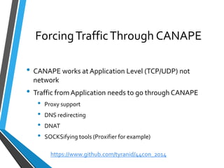 Forcing Traffic Through CANAPE 
•CANAPE works at Application Level (TCP/UDP) not network 
•Traffic from Application needs to go through CANAPE 
•Proxy support 
•DNS redirecting 
•DNAT 
•SOCKSifyingtools (Proxifierfor example) 
https://www.github.com/tyranid/44con_2014 
 