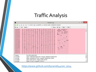 Traffic Analysis 
https://www.github.com/tyranid/44con_2014 
 