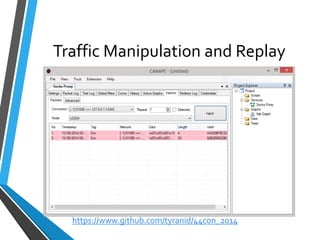 Traffic Manipulation and Replay 
https://www.github.com/tyranid/44con_2014 
 