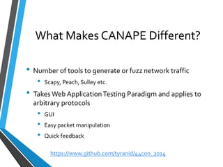 What Makes CANAPE Different? 
•Number of tools to generate or fuzz network traffic 
•Scapy, Peach, Sulleyetc. 
•Takes Web Application Testing Paradigm and applies to arbitrary protocols 
•GUI 
•Easy packet manipulation 
•Quick feedback 
https://www.github.com/tyranid/44con_2014 
 
