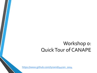 Workshop 0: Quick Tour of CANAPE 
https://www.github.com/tyranid/44con_2014 
 