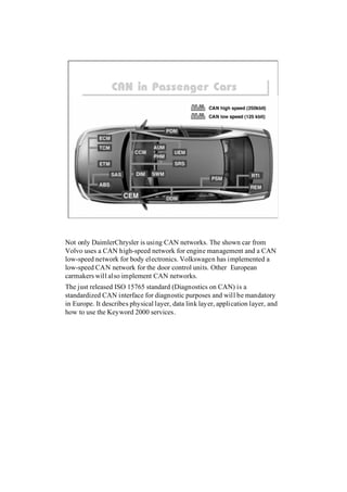 CAN in Passenger Cars
                 CAN in Passenger Cars




Not only DaimlerChrysler is using CAN networks. The shown car from
Volvo uses a CAN high-speed network for engine management and a CAN
low-speed network for body electronics. Volkswagen has implemented a
low-speed CAN network for the door control units. Other European
carmakers will also implement CAN networks.
The just released ISO 15765 standard (Diagnostics on CAN) is a
standardized CAN interface for diagnostic purposes and will be mandatory
in Europe. It describes physical layer, data link layer, application layer, and
how to use the Keyword 2000 services.
 