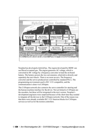 Hybrid Engine Control
                        Hybrid Engine Control


            Servo Controller
             Servo Controller     IEC 1131 PLC
                                   IEC 1131 PLC       Frequency Converter
                                                     Frequency Converter                  Driver
                                                                                         Driver
                                                                              Encoder
                                                                             Encoder
              for left Wheel
               for left Wheel   for Drive Control
                                 for Drive Control     For Battery Charge
                                                      For Battery Charge                   HMI
                                                                                          HMI


                        CANopen

             Servo Controller
            Servo Controller     Servo Controller
                                Servo Controller         IEC 1131 PLC
                                                          IEC 1131 PLC         IEC 1131 PLC for
                                                                                IEC 1131 PLC for
              for right Wheel
             for right Wheel       for Steering
                                  for Steering        for Battery Control
                                                       for Battery Control   Hybrid Engine Control
                                                                              Hybrid Engine Control




                                                                                         © CiA




     Neoplan has developed a hybrid bus. The engine developed by BMW can
     use Diesel or natural gas. The engine generates AC voltage, which is
     converted in DC voltage by a frequency converter to load the on-board
     battery. The battery powers the two servomotors, which drive directly and
     separately the rear wheels. There is no more an axis. The frequency
     converter and the servos produced are controlled by standard PLCs. The
     programming environment used is IEC 1131 compatible, and the
     communication is done via CANopen.
     The CANopen network also connects the servo controller for steering and
     the human machine interface for the driver. Not yet linked to CANopen are
     the encoders, but these will be integrated in the next version. NeoplanÕs
     development engineers were surprised because of the short time they needed
     to integrate all the devices to the CANopen network. One of the reason was
     that there were already available IEC 1131 function blocks for CANopen
     services as well as for the motion controllers.




© CiA x Am Weichselgarten 26 x D-91058 Erlangen x headquarters@can-cia.de
 