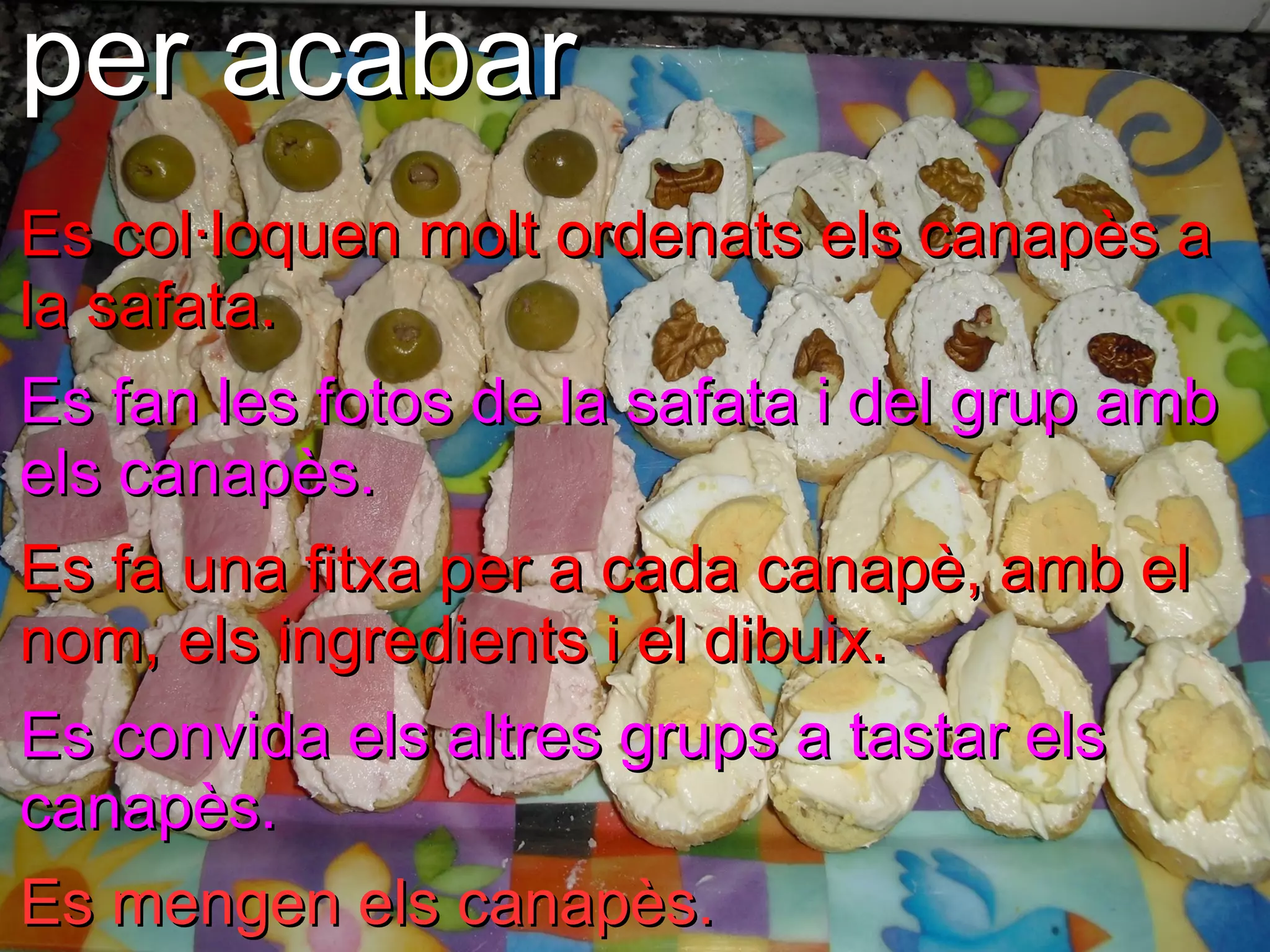 per acabar
Es col·loquen molt ordenats els canapès a
la safata.
Es fan les fotos de la safata i del grup amb
els canapès.
Es fa una fitxa per a cada canapè, amb el
nom, els ingredients i el dibuix.
Es convida els altres grups a tastar els
canapès.
Es mengen els canapès.
 