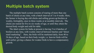 Multiple batch system
The multiple batch system consists of rearing of more than one
batch of chicks at any time, with a b...