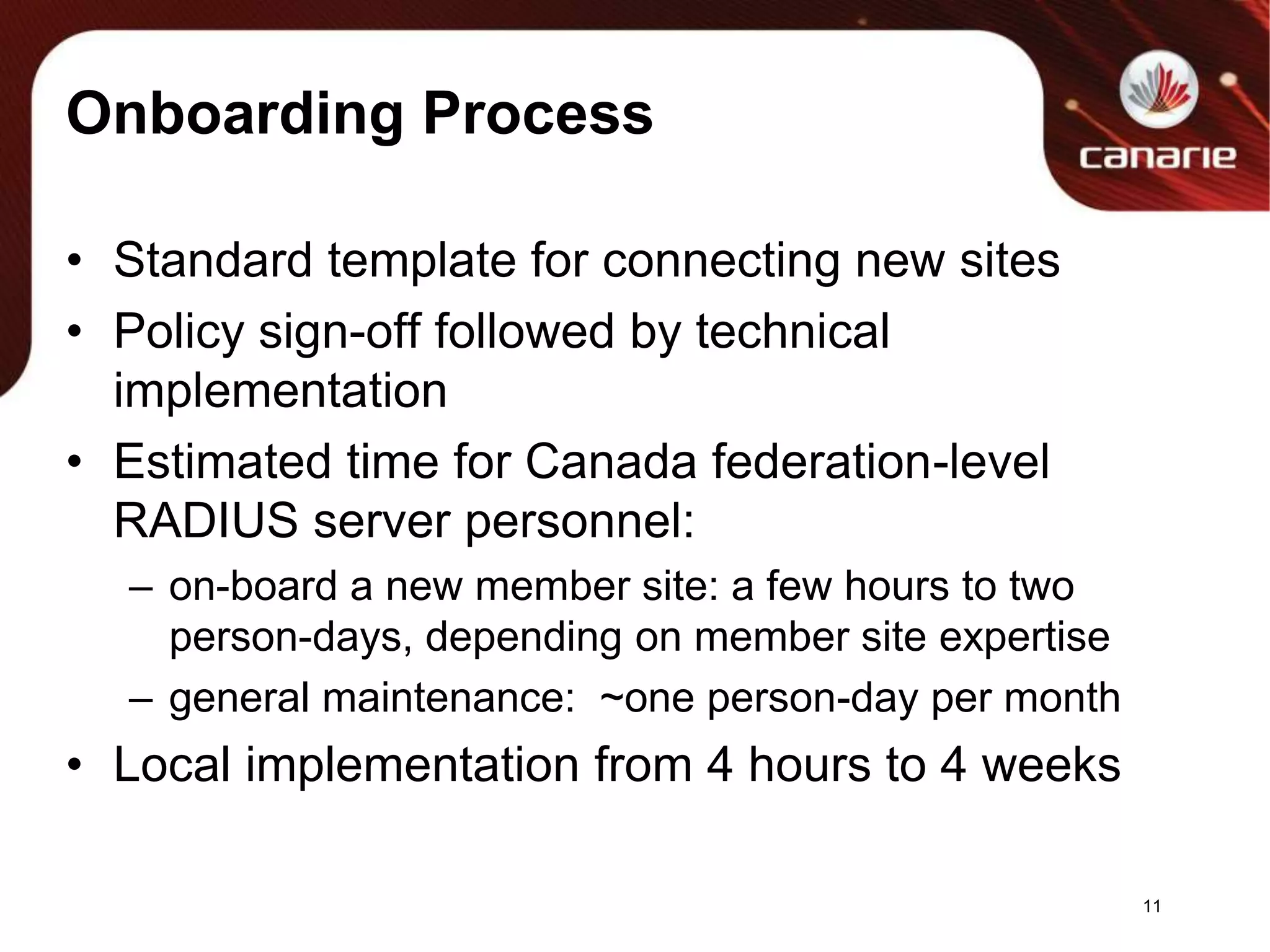 Onboarding ProcessStandard template for connecting new sitesPolicy sign-off followed by technical implementationEstimated time for Canada federation-level RADIUS server personnel:on-board a new member site: a few hours to two person-days, depending on member site expertisegeneral maintenance:  ~one person-day per monthLocal implementation from 4 hours to 4 weeks11
