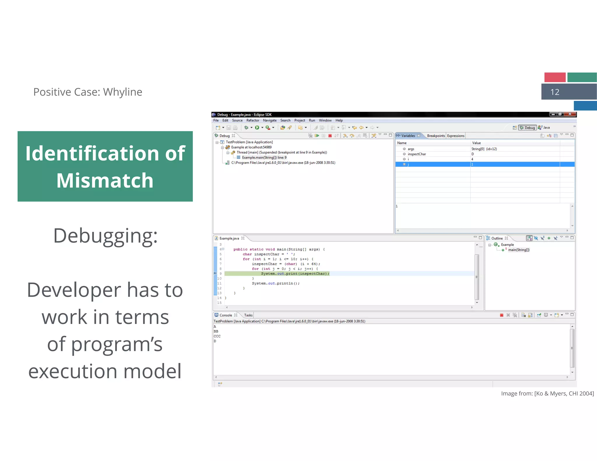 12
Identiﬁcation of
Mismatch
Positive Case: Whyline
Debugging: 
Developer has to 
work in terms
of program’s 
execution model
Image from: [Ko & Myers, CHI 2004]
 