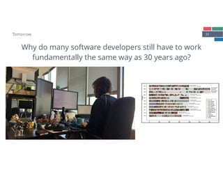 33Tomorrow
Why do many software developers still have to work 
fundamentally the same way as 30 years ago?
Actvities and Task Switches (Session 1)
Time [minutes]
Subject
0 30 60 90 120 150 180
T3
T2
T1
S4
S3
S2
S1
R4
R3
R2
R1
●
●
●
●
●
●
●●
●●●●
● ● ● ●
●
● ●●●●●
●
●
●●●
●●●
●●
●
51 activity switches
10 task switches, 3 distinct tasks
●
●
●●
●
●●●●
●
●●
●
●
●●
●●
●
●●
●●●
●●●●
●
●
●●
●
●
●
●●●
●
●
●
●●●
●
●●
●
●
●
●
●
●
●
●●
●
●
●
●
●
●●●●
●
●
●●
●
●●●●
●
●
●
●
●
●
●
●
● ● ●
● ● ●●
●●
●
●
●
●
●●
●
●
●
●
●
●●●
●
● ●
●
● ●
●
●●
●
●
●●
●
166 activity switches
36 task switches, 3 distinct tasks
●
●●●●
●
●
●
●●
●●●
●
●
●
●
●
●
●
●
●
●
●●
●
●●
●
●●●
●
●
●
●
●●●
●
●●
●
●
●
● ●
●
●
●
●●●●
●
●
●●●
●
●
●●
●
●
●●●
●●●
●●●
●●●●●
●
●
●●●●●●●●
●
●●●
●
● ●● ●●
●
●●
● ●●
●
●
●
●
●
●
●
●●
●
●●●●
●●●
●
●●
●
●●●●●●
●
●●
● ●●●
●
●
● 230 activity switches
79 task switches, 4 distinct tasks
●●
●● ●
●●
●
●
●●●
●
●●
●●●●●
●●
●●
●
●●●●●
●● ●
●●●●
●
●
●
● ●●
●●
● ●●
● ● ●
85 activity switches
13 task switches, 4 distinct tasks
● ●●
●●
●●
●
●
●
●●●
●●
●●●● ●
●
●
●●●
●
●
●
●
●
●
●
● ●● ● ●
●
●
●
●● ●
●
59 activity switches
20 task switches, 5 distinct tasks
● ●
●●●
●
●
●●●●
●●●
● ● ●
● ●
● ●
●●●
●●● ●
●
●
● ●
88 activity switches
17 task switches, 5 distinct tasks
●
●
●●●
●●●●●●●
●●
●●
●
●●●●
●
●
●
●
●●●●●
●
●
●
●●
●
●
●
●
●●
●●
●●●●●●●
●●
●
●●
●
●
●●●
●
●
●
●
● ●
●
●
●
●●
●
●
●
●
●●
●●
●●●
●●
●
●
●
●
● ●●●
●●
●
●
●
●●●
●
●
148 activity switches
27 task switches, 4 distinct tasks
●
●●● ●● ●●
●
●
●
●
●● ●●●●●
●●● ●●
●
●●●● ●●●
●
●
●
●●● ●
●●
●● ●
108 activity switches
16 task switches, 5 distinct tasks
●
●
●
●
●
●
●●
●
●●
●
●
●● ● ●
●
● ● ●
● ●
●
●
● ●
●
66 activity switches
25 task switches
4 distinct tasks
●
●
●
● ●
●●●
●
●
●
●
●
●●●
● ●
● ●
●
●
●
●
● ●●
●
● ●
●
● ●●
●●
●
●
102 activity switches
61 task switches
6 distinct tasks
●
●
●
●●●
●
●●●●●●●●●●
●
●●
●
● ●
●
●
● ●
●
●●●●●●●
●
● ●●●●●
●●●● ● ●
●
●●● ●
●
●●
●●
●●
96 activity switches
28 task switches, 4 distinct tasks
●
●
●
●
●
●
Dev:VC
Dev:Debug
Dev:Code
Dev:Review
Dev:TestApp
Dev:Other
BrowsingRel
BrowsingUnrel
MeetInformal
MeetPlanned
Email
Planning
ReadWriteDoc
Other
 