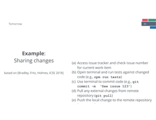35Tomorrow
(a) Access issue tracker and check issue number
for current work item
(b) Open terminal and run tests against changed
code (e.g., npm run tests)
(c) Use terminal to commit code (e.g., git 
commit -m ‘See issue 123’)
(d) Pull any external changes from remote
repository (git pull)
(e) Push the local change to the remote repository
(git push)
Example: 
Sharing changes 
 
based on [Bradley, Fritz, Holmes, ICSE 2018]
 