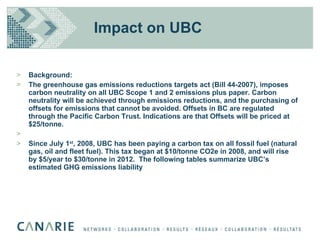 Impact on UBC Background:  The greenhouse gas emissions reductions targets act (Bill 44-2007), imposes carbon neutrality on all UBC Scope 1 and 2 emissions plus paper. Carbon neutrality will be achieved through emissions reductions, and the purchasing of offsets for emissions that cannot be avoided. Offsets in BC are regulated through the Pacific Carbon Trust. Indications are that Offsets will be priced at $25/tonne.    Since July 1 st , 2008, UBC has been paying a carbon tax on all fossil fuel (natural gas, oil and fleet fuel). This tax began at $10/tonne CO2e in 2008, and will rise by $5/year to $30/tonne in 2012.  The following tables summarize UBC’s estimated GHG emissions liability 