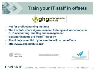 Train your IT staff in offsets Not for profit eLearning institute The institute offers rigorous online training and workshops on GHG accounting, auditing and management.  Most participants are from IT industry Absolutely essential if you want to sell carbon offsets http://www.ghginstitute.org/  35 