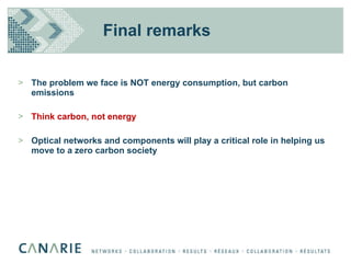 Final remarks The problem we face is NOT energy consumption, but carbon emissions Think carbon, not energy Optical networks and components will play a critical role in helping us move to a zero carbon society 