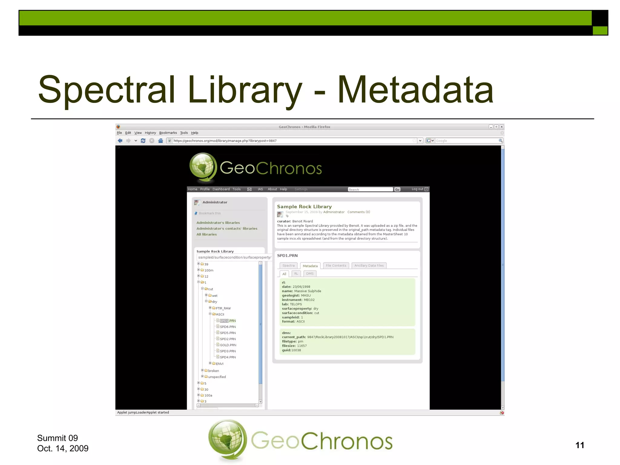 Spectral Library - Metadata Summit 09  Oct. 14, 2009 