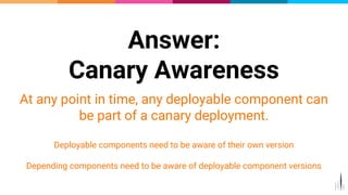 Answer:
Canary Awareness
At any point in time, any deployable component can
be part of a canary deployment.
Deployable components need to be aware of their own version
Depending components need to be aware of deployable component versions
21
 