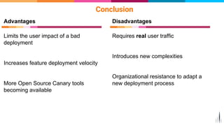 Conclusion
Requires real user traffic
Introduces new complexities
Organizational resistance to adapt a
new deployment process
Limits the user impact of a bad
deployment
Increases feature deployment velocity
More Open Source Canary tools
becoming available
Advantages Disadvantages
 