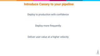 Deploy to production with confidence
Deploy more frequently
Deliver user value at a higher velocity
Introduce Canary to your pipeline
 