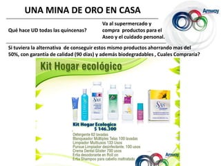 UNA MINA DE ORO EN CASAVa al supermercado y compra  productos para el Aseo y el cuidado personal.Qué hace UD todas las quincenas?Si tuviera la alternativa  de conseguir estos mismo productos ahorrando mas del 50%, con garantía de calidad (90 días) y además biodegradables , Cuales Compraría?