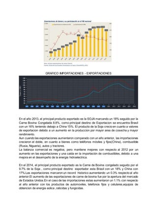 GRAFICO IMPORTACIONES - EXPORTACIONES
En el año 2013, el principal producto exportado es la SOJA marcando un 18% seguido por la
Carne Bovina Congelada 8.8%, como principal destino de Exportacion se encuentra Brasil
con un 16% teniendo debajo a China 15%. El producto de la Soja crecio en cuanto a valores
de exportacion debido a un aumento en la produccion por mayor area de cosecha y mayor
rendimiento.
Aun cuando las exportaciones aumentaron comparado con un año anterior, las importaciones
crecieron el doble, en cuanto a bienes como teléfonos móviles y fijos(China), combustible
(Rusia, Nigueria), autos y tractores.
La balanza comercial es negativa, pero mantiene mejores con respecto al 2012 por un
aumento en las exportaciones y una caida en la importación de combustibles, debido a una
mejora en el desempeño de la energia hidroelectrica.
En el 2014, el principal producto exportado es la Carne de Bovina congelado seguido por el
9.7% de la Soja , como principal destino exportador esta Brasil con un 18% y China con
17%.Las exportaciones marcaron un record historico aumentando un 0.3% respecto al año
anterior.El aumento de las exportaciones de carne de bovina fue por la apertura del mercado
de Estados Unidos.En el caso de las importaciones estas aumentaron un 1.1% con respecto
al año anterior con los productos de automoviles, telefonos fijos y celulares,equipos de
obtencion de energia eolica ,raticidas y fungicidas.
 