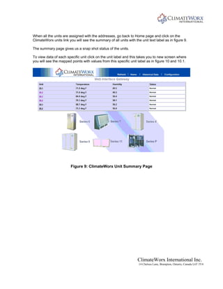 ClimateWorx International Inc.
14 Chelsea Lane, Brampton, Ontario, Canada L6T 3Y4
When all the units are assigned with the addresses, go back to Home page and click on the
ClimateWorx units link you will see the summary of all units with the unit text label as in figure 9.
The summary page gives us a snap shot status of the units.
To view data of each specific unit click on the unit label and this takes you to new screen where
you will see the mapped points with values from this specific unit label as in figure 10 and 10.1.
Figure 9: ClimateWorx Unit Summary Page
 