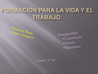 Formación para la vida y el trabajo. Profesor: René, López Zaragoza Integrantes:         •Canavecio.•Escuti.     •Martínez. Curso:  3º “C” 