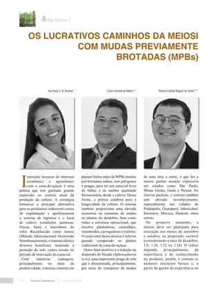 Revista Canavieiros Fevereiro de 2018104
Os lucrativos caminhos da meiosi
com mudas previamente
brotadas (MPBs)
Artigo Técnico 1
Ana Paula S. M. Bonilha* Edson Donizeti de Mattos** Roberto Estêvão Bragion de Toledo***
I
ntercalar lavouras de interesse
econômico e agronômico
com a cana-de-açúcar é uma
prática que tem ganhado grande
expressão no cenário atual da
produção da cultura. A estratégia
tornou-se a principal alternativa
para os produtores reduzirem custos
de implantação e aperfeiçoarem
o sistema de logística e o local
de cultivo (condições químicas,
físicas, biota e microbiota do
solo). Reconhecido como meiosi
(Método Interrotacional Ocorrendo
Simultaneamente), o sistema oferece
diversos benefícios, incluindo a
proteção do solo contra erosão no
período de renovação do canavial.
Com inúmeras vantagens,
principalmente no fator de
produtividade, a técnica consiste em
plantar linhas mães de MPBs (mudas
pré-brotadas) sadias, sem patógenos
e pragas, para ter um canavial livre
de falhas e de melhor qualidade
fitossanitária, desde o cultivo. Dessa
forma, a prática colabora para a
longevidade da cultura. O sistema
também proporciona uma elevada
economia no consumo de mudas
no plantio da desdobra, bem como
reduz a estrutura operacional, que
envolve plantadoras, caminhões,
transbordos, carregadoras e tratores.
O custo total dessa técnica é inferior
quando comparado ao plantio
tradicional da cana-de-açúcar.
Outro fator positivo é a redução da
dispersão do bicudo (Sphenophorus
levis), uma importante praga de solo
que é disseminada, principalmente,
por meio do transporte de mudas
de uma área a outra, o que fez a
meiosi ganhar atuação expressiva
em estados como São Paulo,
Minas Gerais, Goiás e Paraná. No
interior paulista, o sistema também
tem elevado reconhecimento,
especialmente nas cidades de
Pradópolis, Guatapará, Jaboticabal,
Ituverava, Mococa, Dumont, entre
outras.
No primeiro momento, a
meiosi deve ser planejada para
execução nos meses de setembro
e outubro, na proporção variável
(considerando a taxa de desdobra:
1:8, 1:10, 1:12 ou 1:14). O índice
depende, principalmente, da
experiência e do conhecimento
do produtor, porém, é comum os
números iniciarem baixos e, a
partir do ganho de experiência no
 