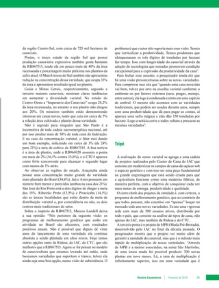 Revista Canavieiros Fevereiro de 2018 39
problema é que o setor não suporta mais essa visão. Temos
que verticalizar a produtividade. Temos produtores que
ultrapassaram os três dígitos de toneladas por hectare
faz tempo. Isso com longevidade do canavial através da
adoção de tecnologias que somadas promovem condição
excepcional para a expressão da produtividade da cana”.
Para fechar esse assunto, o pesquisador ainda diz que
há uma visão preconceituosa sobre as novas variedades.
Para comprovar isso cita que “quando uma cana nova não
vai bem, talvez por erro na escolha varietal conforme o
ambiente ou por fatores externos (seca, pragas, manejo,
entre outros), ela logo é condenada e entra em uma espécie
de umbral. O mesmo não acontece com as variedades
tradicionais, que podem ser usadas durante anos, sempre
com uma produtividade que dá para pagar as contas, aí
aparece uma safra mágica e elas dão 150 toneladas por
hectare. Logo a notícia corre e todos voltam a procurar as
mesmas variedades”.
Tripé
A realização do senso varietal se agrega a uma cadeia
de projetos realizados pelo Centro de Cana do IAC que
consiste em modernizar os campos de cana-de-açúcar sob
o aspecto genético e com isso ser uma peça fundamental
na grande engrenagem que está sendo criada para que
a agricultura funcione como uma moderna fábrica, de
maneira perfeita, com o objetivo de conquistar cada vez
mais metas de entrega, produtividade e qualidade.
O carro chefe dos projetos da entidade é, com certeza, o
programa de melhoramento genético, que ao contrário do
que todos pensam, não constitui em “apenas” lançar no
mercado todo ano novas variedades. Existe uma vigorosa
rede com mais de 500 ensaios ativos, distribuída por
todo o país, que consiste na análise de tipos de cana, não
apenas do IAC, mas também da Ridesa e do CTC.
AterceirapontaéoprojetodeMPB(MudaPré-Brotada),
desenvolvido pelo IAC no final da década passada. O
pesquisador mostra que o projeto vai muito além de
garantir a sanidade do canavial, mas que é o método mais
rápido de multiplicação de novas variedades. “Através
de MPB e a meiosi associadas, na usina São Martinho,
de uma única muda foi possível produzir 700 novas
plantas em nove meses. Lá, a taxa de multiplicação é
infinitamente superior, isso em uma variedade que é
da região Centro-Sul, com cerca de 725 mil hectares de
canaviais.
Porém, o único estado da região Sul que possui
produção canavieira expressiva também gosta bastante
da RB867515, tendo ela em pouco mais de 40% da área
recenseada e porcentagem muito próxima nos plantios da
safra atual. O Mato Grosso do Sul também não apresentou
redução na concentração dessa variedade, que ocupa 33%
da área e apresentou resultado igual no plantio.
Goiás e Minas Gerais, respectivamente, segundo e
terceiro maiores canaviais, mostram claras tendências
em aumentar a diversidade varietal. No estado do
Centro-Oeste a “Imperatriz dos Canaviais” ocupa 28,2%
da área recenseada, no entanto o seu plantio não chegou
aos 20%. Os mineiros também estão demonstrando
interesse em canas novas, tanto que caiu em cerca de 5%
a relação área cultivada e plantio dessa variedade.
Não é segredo para ninguém que São Paulo é a
locomotiva de toda cadeia sucroenergética nacional, até
por isso produz mais de 50% de toda cana da federação.
E no caso da concentração varietal, o líder está dando
um bom exemplo, reduzindo em cerca de 3% (de 24%
para 21%) a área de cultivo da RB867515. A boa notícia
é a área de plantio, onde a RB966928 assumiu a ponta
em mais de 2% (16,1% contra 13,6%), e a CTC4 aparece
como forte concorrente para alcançar o segundo lugar
com menos de 1% atrás.
Ao observar as regiões do estado, Araçatuba ainda
possui uma concentração muito grande da variedade
mais plantada do Brasil (34,6%). Jaú e Assis possuem um
número bem menor e parecidos (ambos na casa dos 21%).
São José do Rio Preto está a dois dígitos de chegar a meta
dos 15%. Ribeirão Preto (12,5%) e Piracicaba (14,1%)
são as únicas localidades que estão dentro da meta de
distribuição varietal e, por coincidência ou não, os dois
centros mais tradicionais do setor.
Sobre o império da RB867515, Marcos Landell deixa
a sua opinião: “Nós partimos da seguinte visão: os
programas de melhoramento genético que estão em
atividade no Brasil são eficientes, com resultados
positivos anuais. Não é possível que depois de vinte
anos do lançamento de uma variedade ela continue
absoluta e sendo plantada em altos níveis. Hoje temos
outras opções tanto da Ridesa, do IAC, do CTC, que são
melhores que a RB867515. Agora se for pensar no modelo
de canavicultura que estamos levando até então, onde
buscamos variedades que suportam o tranco, talvez ela
ainda seja uma boa opção, numa visão de subsistência. O
 