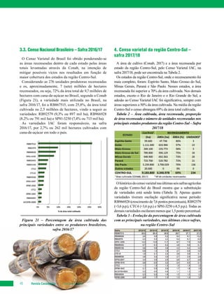Revista Canavieiros Fevereiro de 201848
3.3. Censo Nacional Brasileiro – Safra 2016/17
O Censo Varietal do Brasil foi obtido ponderando-se
as áreas recenseadas dentro de cada estado pelas áreas
totais levantadas através da Conab, na intenção de
mitigar possíveis vícios nos resultados em função de
maior cobertura dos estados da região Centro-Sul.
Considerando as 276 unidades produtoras recenseadas
e os, aproximadamente, 7 (sete) milhões de hectares
recenseados, ou seja, 72% da área total de 9,7 milhões de
hectares com cana-de-açúcar no Brasil, segundo a Conab
(Figura 21), a variedade mais utilizada no Brasil, na
safra 2016/17, foi a RB867515, com 25,8%, da área total
cultivada ou 2,5 milhões de hectares, vindo a seguir as
variedades: RB92579 (9,3% ou 897 mil ha), RB966928
(8,2% ou 791 mil ha) e SP81-3250 (7,4% ou 713 mil ha).
As variedades IAC foram responsáveis, na safra
2016/17, por 2,7% ou 262 mil hectares cultivados com
cana-de-açúcar em todo o país.
Figura 21 – Porcentagem da área cultivada das
principais variedades entre os produtores brasileiros,
safra 2016/17
4. Censo varietal da região Centro-Sul –
safra 2017/18
A área de cultivo (Conab, 2017) e a área recenseada por
estado da região Centro-Sul, pelo Censo Varietal IAC, na
safra 2017/18, pode ser encontrada na Tabela 2.
Os estados da região Centro-Sul, onde o recenseamento foi
mais completo, foram: Espírito Santo, Mato Grosso do Sul,
Minas Gerais, Paraná e São Paulo. Nesses estados, a área
recenseada foi superior a 70% da área cultivada. Nos demais
estados, exceto o Rio de Janeiro e o Rio Grande do Sul, a
adesão ao Censo Varietal IAC foi significativa, sempre com
áreas superiores a 50% da área cultivada. Na média da região
Centro-Sul o censo abrangeu 69% da área total cultivada.
Tabela 2 – Área cultivada, área recenseada, proporção
de área recenseada e número de unidades recenseadas nos
principais estados produtores da região Centro-Sul – Safra
2017/18
Ohistóricodocensovarietalnasúltimasseissafrasagrícolas
da região Centro-Sul do Brasil mostra que a substituição
de variedades está sendo lenta (Tabela 3). Apenas quatro
variedades tiveram oscilação significativa nesse período:
RB966928 (crescimento de 7,6 pontos porcentuais), RB92579
(+3,6 p.p.), CTC4 (+3,6 p.p.) e SP81-3250 (-8,5 p.p.). Todas as
demaisvariedadesoscilarammenosque1,5pontopercentual.
Tabela 3 - Evolução da porcentagem de área cultivada
com as principais variedades, nas últimas cinco safras,
na região Centro-Sul
 