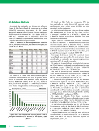 Revista Canavieiros Fevereiro de 201852
4.7. Estado de São Paulo
A evolução das variedades nas últimas seis safras no
Estado de São Paulo (Tabela 4) mostra que a variedade
RB966928 apresentou crescimento de 9,6 pontos
porcentuais nesse período. Além dela, tiveram crescimento
significativo as variedades CTC4 (+4,9 p.p.) e RB92579
(+4,6 p.p.), enquanto que as variedades SP81-3250,
RB867515 e RB855453 apresentaram redução de 9,6, 3,1 e
2,3 pontos porcentuais, respectivamente.
Tabela 4 - Evolução da porcentagem de área cultivada
com as principais variedades, nas últimas seis safras, no
Estado de São Paulo
São Paulo foi o Estado com maior diversificação de
variedades considerando-se as áreas de plantio. Nesse
estado, as variedades mais plantadas foram: RB966928
(16,1%), RB867515 (13,6%), CTC4 (12,7%), RB92579
(8,5%) e RB855156 (5,1%) dos 544 mil hectares levantados
como plantio entre produtores paulistas (Figura 34).
Figura 34 - Porcentagem da área de plantio com as
principais variedades no Estado de São Paulo, safra
2017/18
O Estado de São Paulo, por representar 57% da
área cultivada na região Centro-Sul, mereceu maior
detalhamento nesse artigo, sendo dividido nas seis
principais regiões produtoras.
As principais variedades em cada uma dessas regiões
são apresentadas na figura 35. Em cinco regiões,
a principal variedade foi a RB867515, seguida da
RB966928. Apenas na região de Ribeirão Preto essa
classificação se inverteu.
Já para a terceira variedade mais utilizada, a variação
foi maior. A variedade CTC4 apareceu nessa classificação
em duas regiões (Assis e Ribeirão Preto). O mesmo
ocorreu com a variedade RB855156, em Jaú e Piracicaba.
Em Araçatuba, a terceira variedade mais utilizada foi a
RB92579, enquanto que em São José do Rio Preto, essa
posição foi ocupada pela variedade RB855453.
Em relação às áreas de plantio foi encontrada maior
variabilidade entre as regiões. No texto abaixo, foram
consideradas as variedades que alcançaram proporções
superiores a 5% da área de renovação.
Na região de Araçatuba foram levantadas informações
de 113 mil hectares em áreas de renovação e as principais
variedades foram: RB867515 (23,8%), RB966928
(17,3%), RB92579 (14,2%) e CTC4 (10,7%).
Nos mais de 68 mil hectares plantados na região de
Assis, as variedades mais utilizadas foram: RB966928
(17,6%), RB867515 (17,2%), CTC4 (10,7%), RB92579
(9,2%), SP83-2847 (6,6%) e RB855156 (6,2%).
As variedades mais plantadas nos 103 mil hectares
levantados na região de Jaú foram: RB867515 (17,4%),
RB966928 (16,0%), RB855156 (7,6%), RB92579
(6,9%), SP83-2847 (5,5%) e CTC4 (5,4%). Já na região
de Piracicaba, as variedades que mais se destacaram
considerando os 39 mil hectares levantados em áreas de
renovação foram: RB966928 (18,1%), RB867515 (11,9%)
e CTC4 e RB855156 (ambas com 10,8%).
Na região de Ribeirão Preto foram levantadas
informações de 104 mil hectares plantados e as principais
variedades foram: CTC4 (16,4%), RB966928 (13,4%),
RB855156 (7,6%), RB855453 (5,4%) e CTC20 (5,2%).
As variedades mais plantadas nos 114 mil hectares
levantados na região de São José do Rio Preto foram:
CTC4 (19,4%), RB966928 (15,8%), RB92579 (13,0%),
RB867515 (7,3%) e RB855453 (5,8%).
A região do Estado de São Paulo que mais utilizou as
variedades IAC no plantio da safra 2017/18 foi Ribeirão
Preto, com 14,2% da área de renovação, seguida da
região de Jaú, com 8,1%.
 