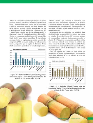 Revista Canavieiros Fevereiro de 2018 55
O uso de variedades de maturação precoce ou tardia
pode ser medido pelo Índice de Maturação Varietal
(IMV). Considerando esse índice, os estados onde
o uso de variedades tardias foi mais intenso, na
safra 2017/18, foram o Espírito Santo (IMV = 8,51)
e Mato Grosso (8,06), sendo que valores acima de
7 identificam o maior uso de variedades tardias e
abaixo de 7, o uso de variedades precoces (Figura 38).
Entre os estados da região Centro-Sul, apenas São
Paulo (6,86) usou maior quantidade de variedades
precoces. Entre as regiões desse estado, a região de
Araçatuba (7,34) usou, em média, variedades mais
tardias, enquanto que a região de Ribeirão Preto
(6,35) usou maior quantidade de variedades precoces.
Figura 38 – Índice de Maturação Varietal para os
estados da região Centro-Sul e para as regiões do
Estado de São Paulo, safra 2017/18
Outros fatores que avaliam a qualidade dos
canaviais estão relacionados à proporção de plantio
e idade em número de cortes. Esses fatores podem
ser medidos pela relação entre a área de plantio e a
área total cultivada e pelo estágio médio de corte,
respectivamente.
A proporção de área plantada em relação à área
total cultivada, na safra 2017/18, mostra que todos
os estados da região Centro-Sul estiveram abaixo
do recomendado para esse índice, que preconiza o
plantio de 15% da área para manter-se a idade média
dos canaviais estável, num sistema de colheita de
cinco cortes. Os Estados de Minas Gerais e São Paulo
tiveram a maior proporção de plantio (acima de 14%),
enquanto que no Estado do Paraná esse valor foi de
10,4% (Figura 39).
Entre as regiões do Estado de São Paulo, as
proporções de plantio foram superiores. Na região de
Assis, esse índice foi de 18,1%, em Jaú, 16,1% e, em
Ribeirão Preto, 15,8%.
Figura 39 – Relação Plantio/Cultivo para os
estados da região Centro-Sul e para as regiões do
Estado de São Paulo, safra 2017/18
 