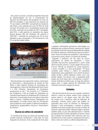 Revista Canavieiros Fevereiro de 2018 83
FotoDanielJAndrade
No cenário nacional, a Conab (Companhia Nacional
de Abastecimento) em seu 5º levantamento de
fevereiro de 2018 aponta uma produção em torno de
500 mil toneladas, o que representa um aumento de
7% em relação a 2016/2017, concentrada no Estado de
São Paulo e que responde por mais de 90% do total
nacional. De acordo com o levantamento de previsão
de safras, realizado em novembro de 2017 e divulgado
pelo IEA, a safra paulista de amendoim das águas
deverá alcançar 482 mil toneladas, 6% superior à
2016/2017 - resultado do incremento de 3% na área
plantada (o que corresponde a 126 mil hectares) e de
3% na produtividade média.
Para disseminar essa importante cultura, a Secretaria
de Agricultura e Abastecimento do Estado de São
Paulo, a Apta (Agência Paulista de Tecnologia dos
Agronegócios), através do Polo Regional Centro-Norte
e o IAC (Instituto Agronômico de Campinas),
promoveram no dia 7 de fevereiro, o 9º Encontro
dos Produtores e Dia de Campo de Amendoim na
Fazenda Experimental em Pindorama-SP. O intuito foi
apresentar a atualização técnica em tópicos relevantes
sobre a cultura e também fornecer informações aos
participantes. O evento reuniu mais de 250 pessoas
entre produtores rurais ligados à cadeia do amendoim,
cooperativas, pesquisadores, técnicos e fornecedores
de insumos.
Ácaros na cultura do amendoim
A ocorrência de ácaros na cultura do amendoim tem
causado prejuízos econômicos e está cada vez mais
frequente nas lavouras. Com a proposta de levar para
o produtor informações pertinentes relacionadas aos
problemas que a cultura enfrenta, o professor dr. Daniel
de Andrade, da FCAV/Unesp de Jaboticabal (Faculdade
de Ciências Agrárias e Veterinárias), discorreu sobre o
tema “Ácaros na cultura do amendoim”, onde destacou
as possíveis causas, danos e as formas de combate.
Segundo o professor, há três tipos de ácaros
importantes na cultura do amendoim: o ácaro
vermelho (Tetranychus ogmophallos); o ácaro verde
(Mononychellus planki) e o ácaro rajado (Tetranychus
urticae). Devido ao potencial de causar prejuízos,
o ácaro vermelho é o mais preocupante. “O ácaro
vermelho pode infestar a cultura do amendoim
rapidamente, pois a população cresce dentro de pouco
tempo devido a fêmea depositar muitos ovos com
grande rapidez. Em poucos dias, a população pode
atingir um nível muito alto e inviabilizar a cultura”,
alertou Andrade ao lembrar que, ao longo dos últimos
quatro anos, a região paulista de Jaboticabal vem
sofrendo com severos ataques de ácaros.
Cuidados
Pelo fato da mão de obra ser cara, quando o produtor
observa o ácaro na cultura, muitas vezes a praga já
causou danos e, em alguns casos, não tem volta.
De acordo com o professor, além da aplicação de
acaricidas, existem outras ações que podem ser
realizadas para evitar ou diminuir as infestações.
Preparar o solo corretamente e manejar as plantas
daninhas sem deixar escape fará com que as fontes de
alimento sejam diminuídas. Manejar pragas e doenças
também ajuda, já que uma aplicação para o controle
de lagartas pode ter efeito agregado nos ácaros. Outra
dica é plantar nos períodos mais chuvosos, pois nos
períodos secos é mais comum o surgimento dos ácaros,
além, é claro, de realizar a colheita adequadamente.
O 9º Encontro dos Produtores e Dia de Campo de
Amendoim na Fazenda Experimental em Pindorama reuniu
mais de 250 participantes
 