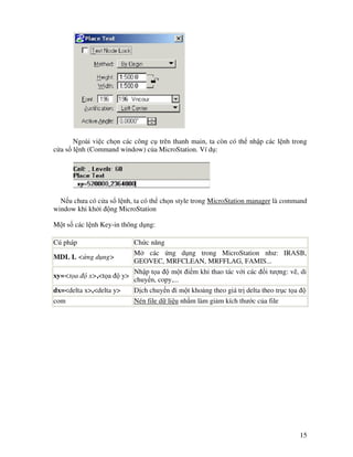 15
Ngoài vi c ch n các công c trên thanh main, ta còn có th nh p các l nh trong
c a s l nh (Command window) c a MicroStation. Ví d :
N u chưa có c a s l nh, ta có th ch n style trong MicroStation manager là command
window khi kh i ng MicroStation
M t s các l nh Key-in thông d ng:
Cú pháp Ch c năng
MDL L < ng d ng>
M các ng d ng trong MicroStation như: IRASB,
GEOVEC, MRFCLEAN, MRFFLAG, FAMIS...
xy=<t a x>,<t a y>
Nh p t a m t i m khi thao tác v i các i tư ng: v , di
chuy n, copy,...
dx=<delta x>,<delta y> D ch chuy n i m t kho ng theo giá tr delta theo tr c t a
com Nén file d li u nh m làm gi m kích thư c c a file
 