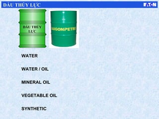WATER
WATER / OIL
MINERAL OIL
VEGETABLE OIL
SYNTHETIC
DẦU THỦY
LỰC
DẦU THỦY LỰC
 