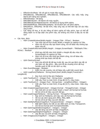 Simple ЯTS G∆me Dεsign & CΘding


       o   EffectInvSrcMask: Vẽ với giá trị mask đảo ngược.
       o   EffectBlend1, EffectBlend2, EffectBlend3, EffectBlend4: Các kiểu hiệu ứng
           blend ảnh đang thử nghiệm.
       o   EffectShadow: Vẽ bóng.
       o   EffectBlendColor: Vẽ blend với màu nguồn.
       o   EffectBlendColorAlphaChannel: Vẽ blend sử dụng kênh alpha.
       o   EffectAddDiffuse, EffectDiffuseAlpha: Vẽ khuếch tán với kênh alpha.
       o   EffectMirror, EffectFlip: Vẽ lật hình, hiệu ứng này có thể kết hợp với các hiệu
           ứng ở trên.
       o   Các hằng số Key_# là các hằng số định nghĩa số hiệu phím, bạn có thể dễ
           dàng đoán ra nó đại diện cho phím nào, tôi không chú thích ở đây do nó dài
           quá     .

•   Các hàm, lệnh:
       o Hàm CreateWindow(Width,Height : Integer;Title : PChar) : Boolean
                      Tạo một cửa sổ kích thước Width x Height có caption là Title.
                      Hàm trả về true nếu tạo thành công, trả về false nếu không tạo
                      được cửa sổ.
       o Hàm CreateFullScreen(Width,Height : Integer;ScreenDepth : TBitDepth;Title :
    PChar) : Boolean
                      Khởi tạo chế độ màn hình Width x Height độ sâu màu là
                      ScreenDepth có caption là Title.
                      Hàm trả về true nếu khởi tạo thành công, trả về false nếu
                      không khởi tạo được chế độ đó.
       o Lệnh DestroyScreen
                      Huỷ cửa sổ/chế độ đã tạo trước đó, sau khi gọi lệnh này tất cả
                      các hàm vẽ, lấy phím… đều sinh lỗi do chương trình đã huỷ
                      handle quản lý tất cả các dịch vụ này.
       o Hàm EventMessage : Boolean
                      Kiểm tra các events, trả về false nếu xuất hiện event Quit.
       o Lệnh LoadFont(FileName : String;SizeX,SizeY,Width,Height,TransColor :
    LongWord)
                      Đọc font chữ từ file ảnh FileName
       o Lệnh TextOut(X,Y : Integer;Text : String;Color : LongWord)
                      Viết xâu Text ra màn hình, ở toạ độ [X,Y], màu Color.
       o Lệnh TextOut(X,Y : Integer;Text : String;Color : LongWord;Effect : Integer)
                      Viết xâu Text ra màn hình, ở toạ độ [X,Y], màu Color. Hiệu ứng
                      Effect
       o Hàm CreateImage(SizeX,SizeY : Integer;Format : TImageFormat) : Integer
                      Tạo một ảnh có kích thước SizeX x SizeY với format là Format.
                      Số trả về là số hiệu của ảnh đã tạo.
       o Hàm LoadImage(FileName : String;Format : TImageFormat) : Integer
                      Đọc ảnh từ FileName, ảnh đọc vào với format là Format.
                      Hỗ trợ các định dạng ảnh JPEG, PNG, BMP.
                      Số trả về là số hiệu của ảnh đã đọc.
       o Hàm SetAlphaMask(ImageNum,TransparentColor : Integer) : Integer
                      Đặt kênh Alpha cho tất cả các điểm ảnh có màu Transparent.
                      Chỉ hỗ trợ format ảnh FormatA1R5G5B5.
       o Hàm GetImageWidth(ImageNum : Integer) : Integer
                      Lấy độ rộng của ảnh số hiệu ImageNum.
       o Hàm GetImageHeight(ImageNum : Integer) : Integer
                      Lấy độ cao của ảnh số hiệu ImageNum.
       o Hàm ImageLock(ImageNum : Integer) : Integer

                       © CrazyBabe 2003. K-Outertainment™
                                    Trang 61
 
